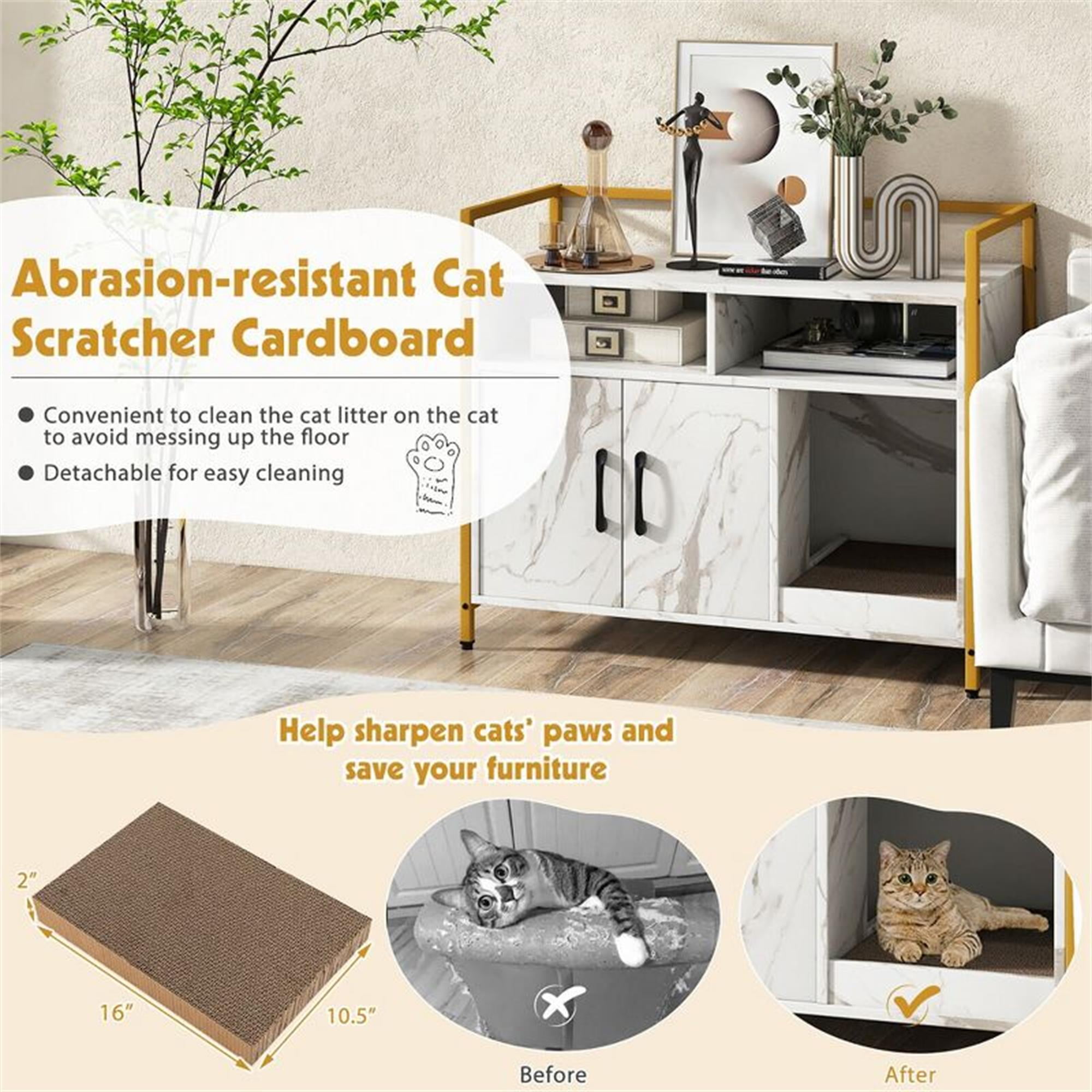 Kadyn 35" Hidden Cat House Washroom with 2-Doors and Scratch Cardboard, Wooden Cat Litter Box Enclosure Furniture, White