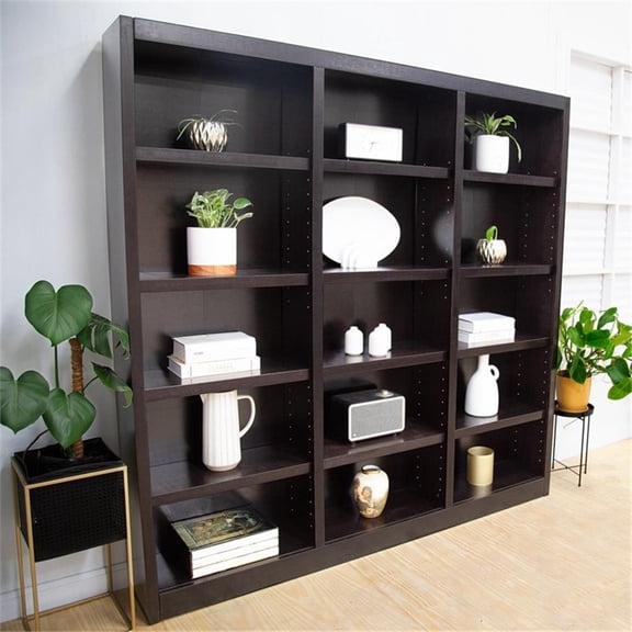 Bowery Hill Traditional 72" Tall 15-Shelf Triple Wide Wood Bookcase in Chocolate