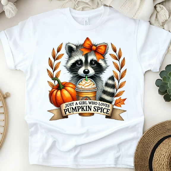 Graphic T-Shirt Just a Girl Who Loves Pumpkin Spice Raccoon Print for Women, White, Size S