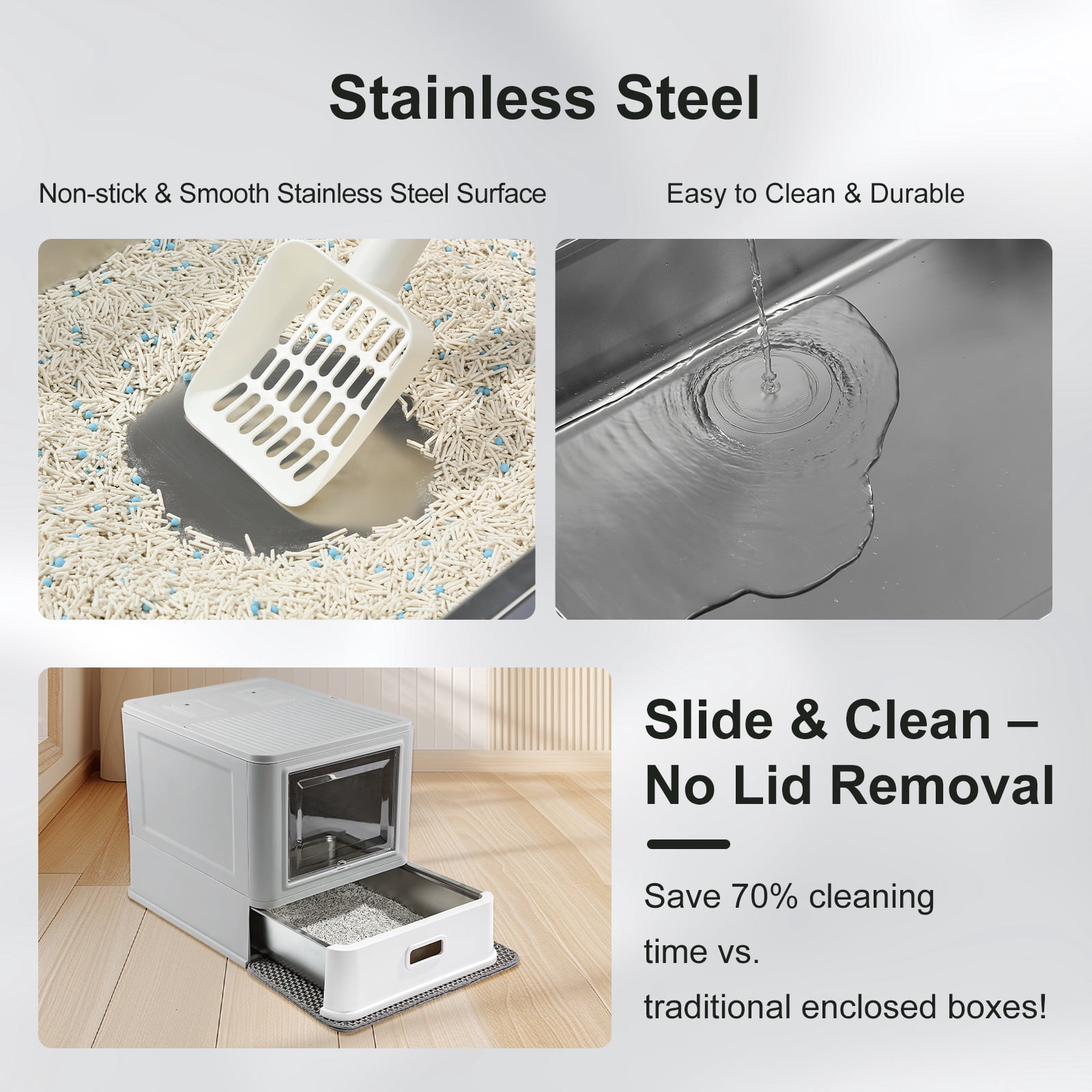 Marchul Enclosed Stainless Steel Cat Litter Box with Lid & Drawer, Anti-Leakage Baffle, Includes Scoop & Mat for Indoor Cats