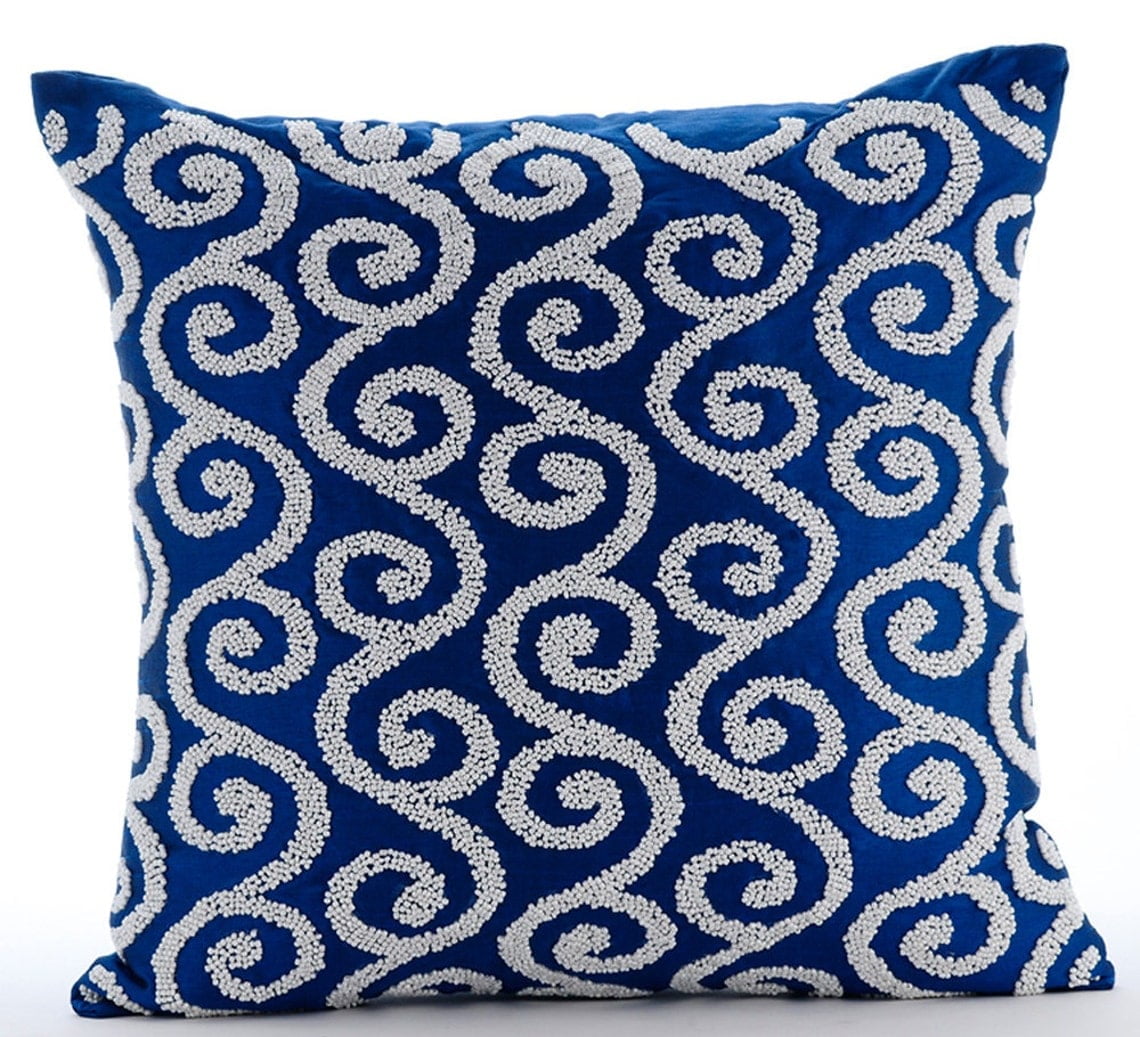 Cushion Covers, Royal Blue Pillow Cover, Beaded Spiral Scroll Pillows Cover, 20x20 inch (50x50