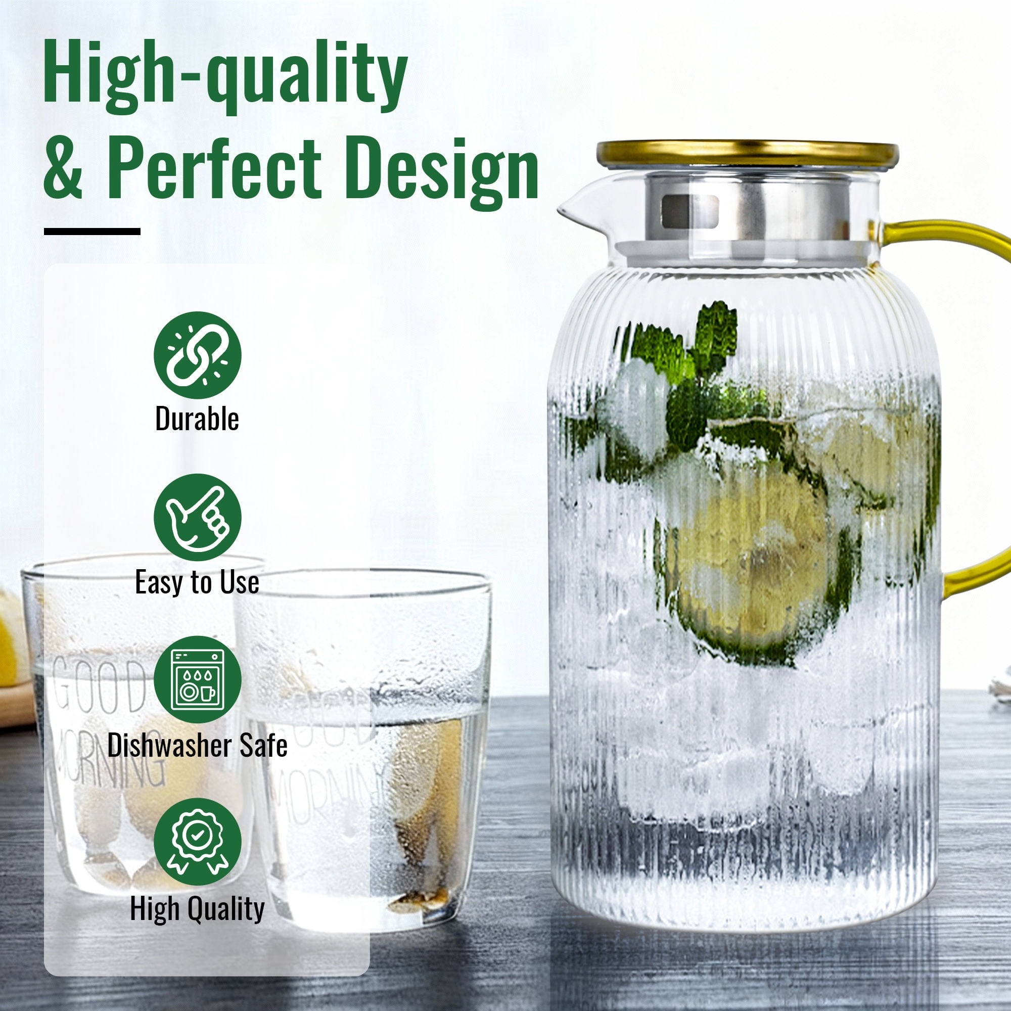 Soulgenix Glass Pitcher, 68oz Pitchers with Lid and Handle-2Pack, Glass Carafe for Hot/Cold Water, Large Iced Tea Pitcher for Coffee, Juice and Homemade Beverage