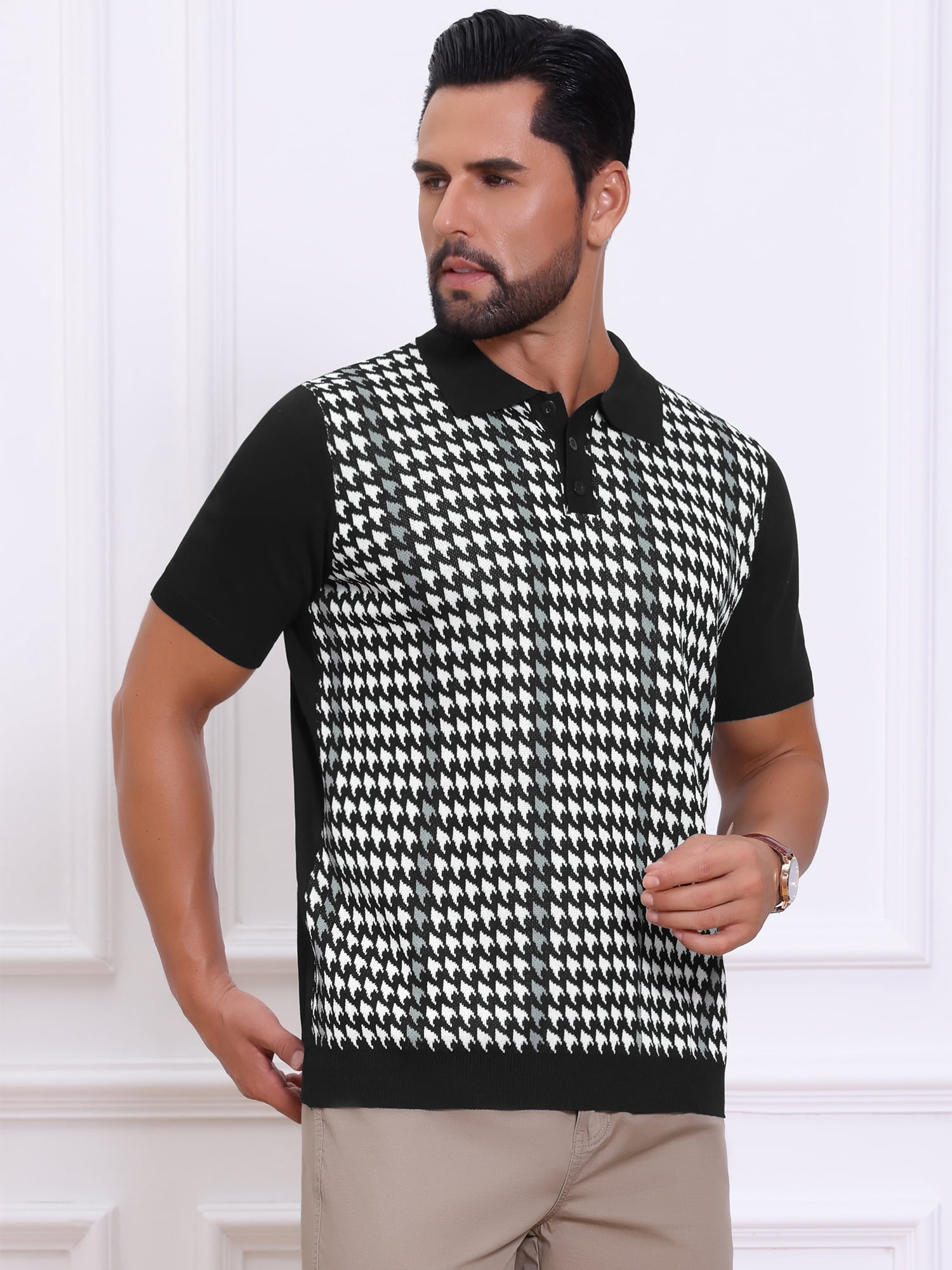 DARING DIVA Men's Houndstooth Summer Short Sleeve Casual Knit Polo Shirt S Black White