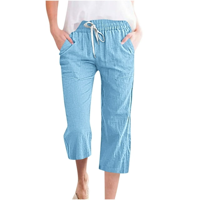 Timegard Pantalon Capri pour Femmes Tendance à Cordon, Taille Élastique, Pantalon Court, Jambe Droite, Pantalon Uni avec Poches