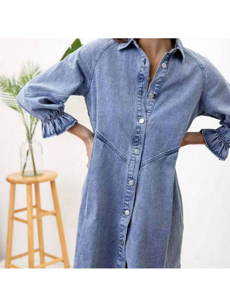 Hotian Women's Dressy Denim Shirt Dress, Loose Button Up, 3/4