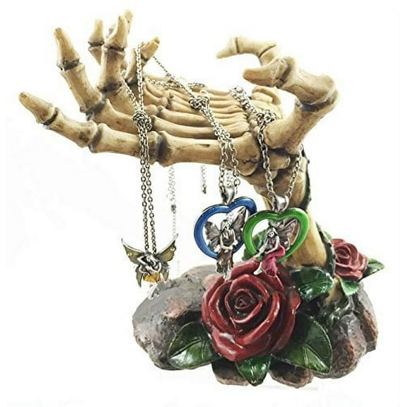 Gothic Valentine Rose Skeletal Hands Skeleton Grasp of The Dead Jewelry Holder Figurine Holds Many Rings Necklaces and Other Accessories