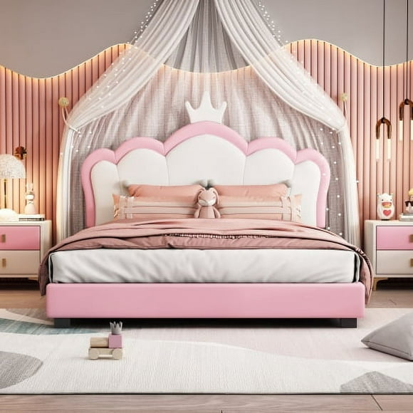 Taoruifang Full PU Upholstered Princess Bed With Crown Headboard with Headboard and Footboard Cream+Pink