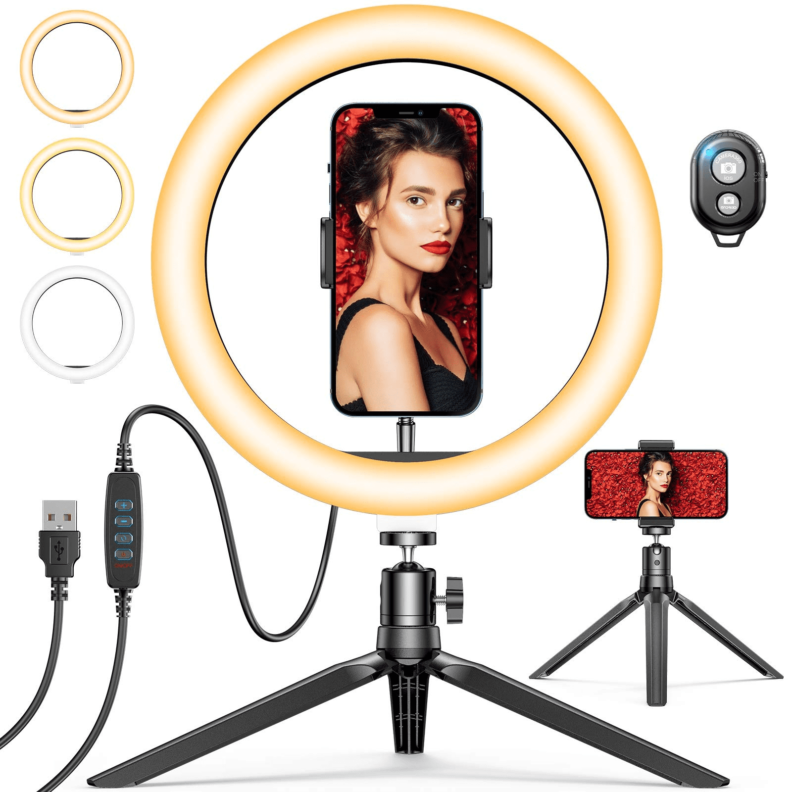 FDGBCF Photography Dimmable LED Selfie Ring Light Video Live 3500k-5500k Photo Studio Light with Phone Holder USB Plug Tripod,F 