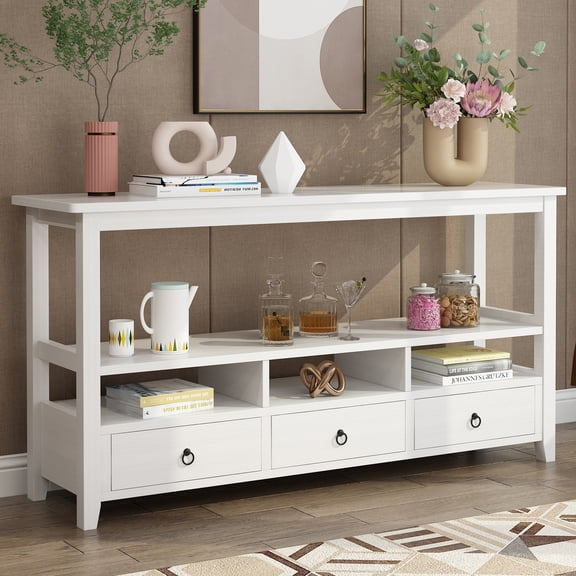 UWR-Nite Rustic Console Table, 58" Long Table Sofa with 3 Drawer and Three Intermediate Compartments, Double-Storey Tabletop, for Living Room, Entryway