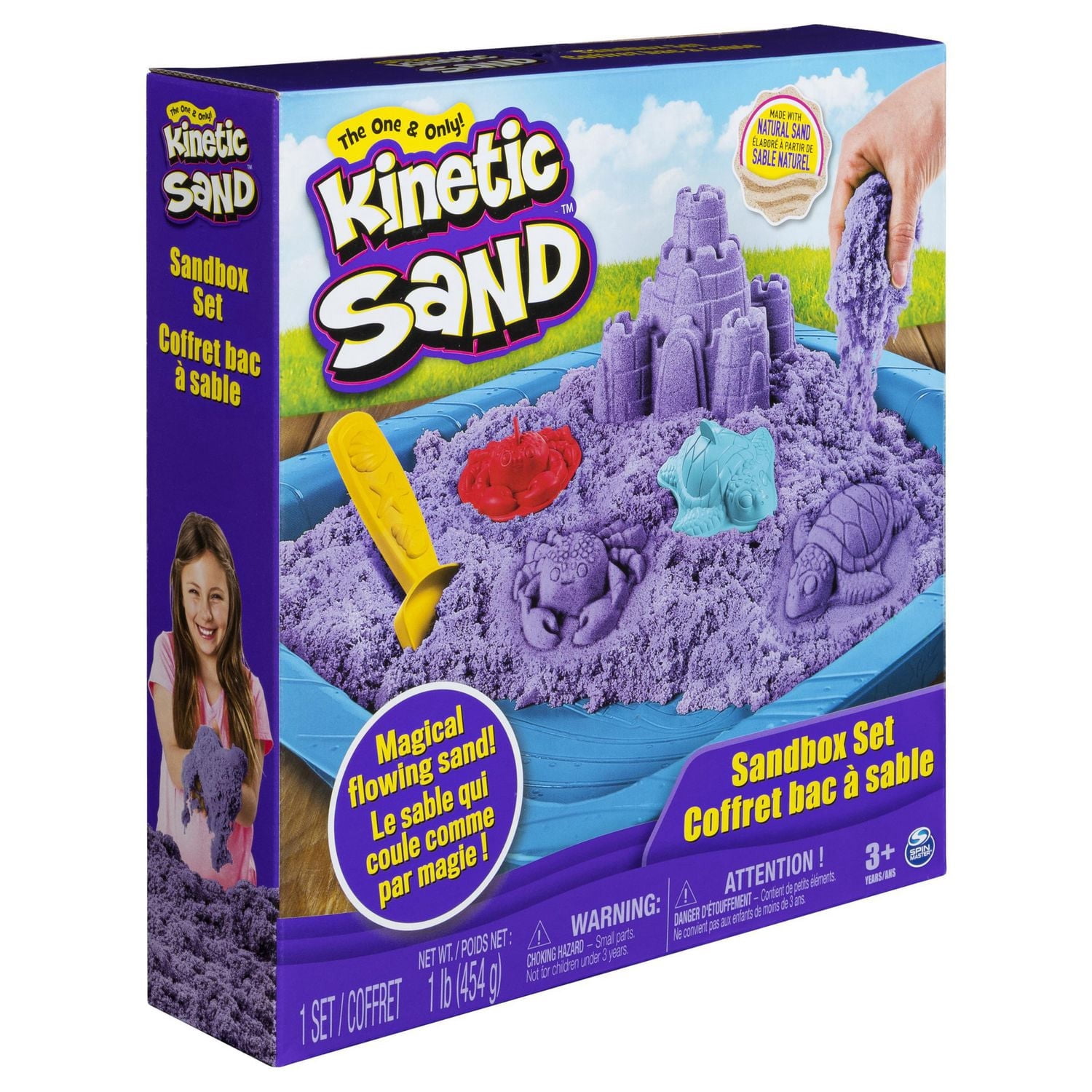 Kinetic Sand, coffret Bac à sable avec 454 g (1 lb) de sable Kinetic Sand violet et 3 moules, à partir de 3 ans