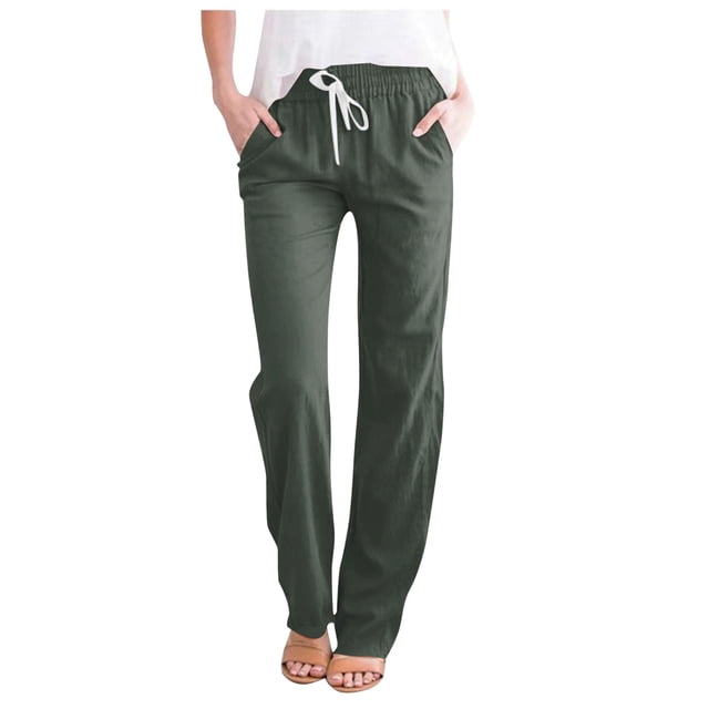 AQUARIVE Womens Casual Pants solid Color Drawstring Waist straight Midi Waisted With Pockets Baggy Loose Wide Legged spring Pants