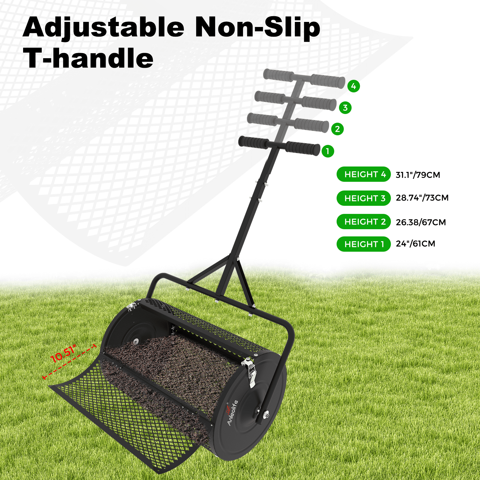 TRAMULL 24 Inch Compost Spreader, Lawn and Garden Peat Moss Roller with Side Latches, 24-31.1" Height Adjustable Handle, Galvanized Metal Mesh Basket for Spreading Topsoil, Manure, Mulch, Black