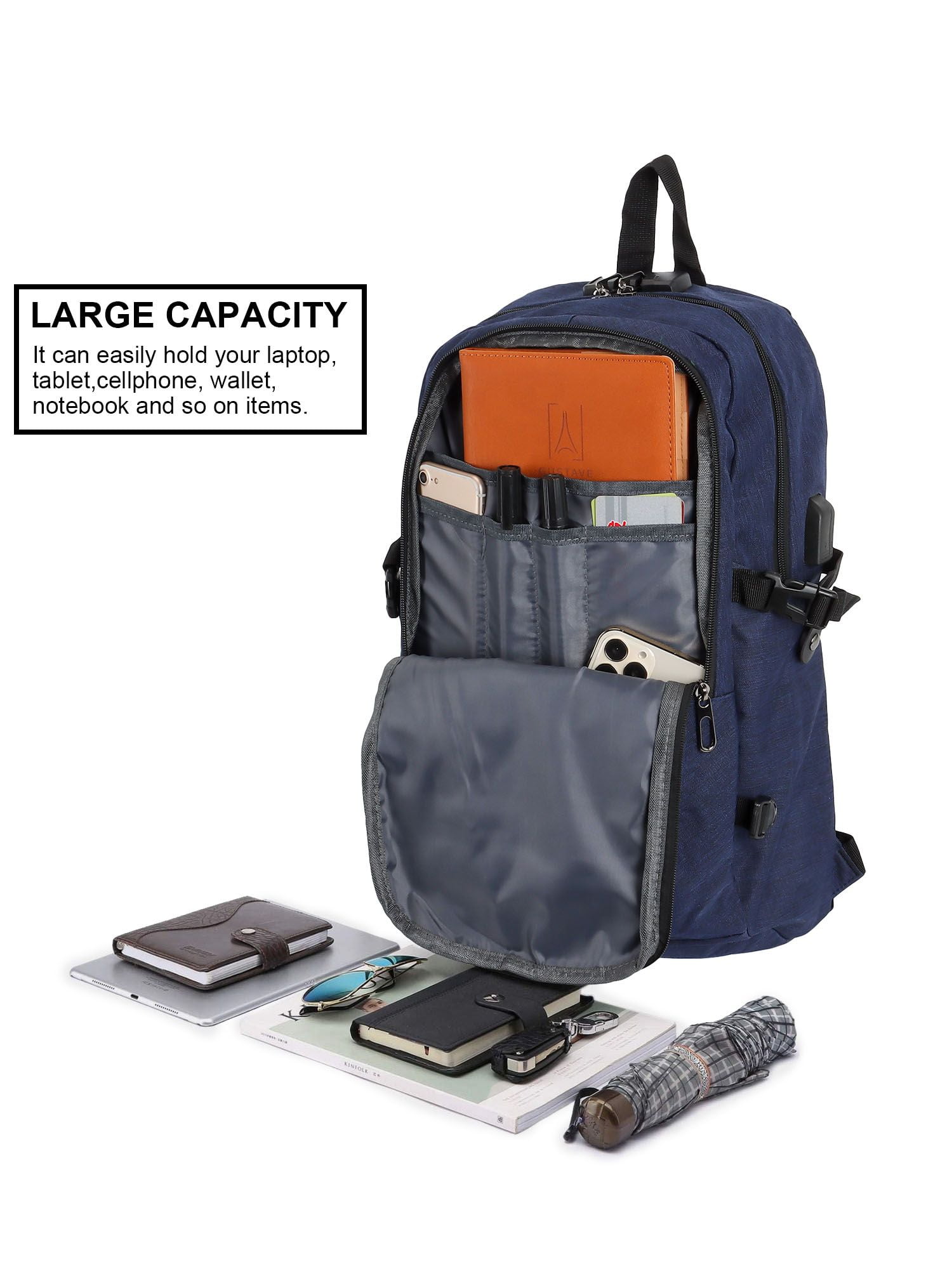 Gustave 15.6 Inch Anti Theft Laptop Backpack Large Capacity Waterproof Travel Daypack Business Computer Bag for Women Men with USB Charging Port "Blue"