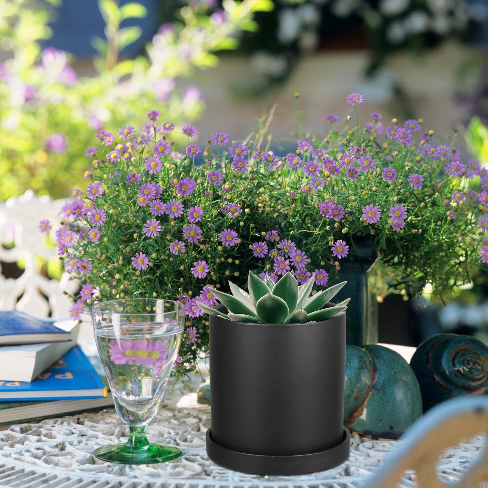 Worgeous Outdoor Drainage Simple Ceramic Flowerpot Flower Pot 12.2X12X12CM Black