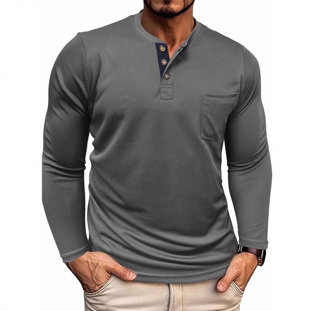 pstuiky camisetas de manga larga para hombre, Suéter informal de color liso para hombre, cárdigan con botones, manga larga, cuello redondo y bolsillo. top de hombre xl