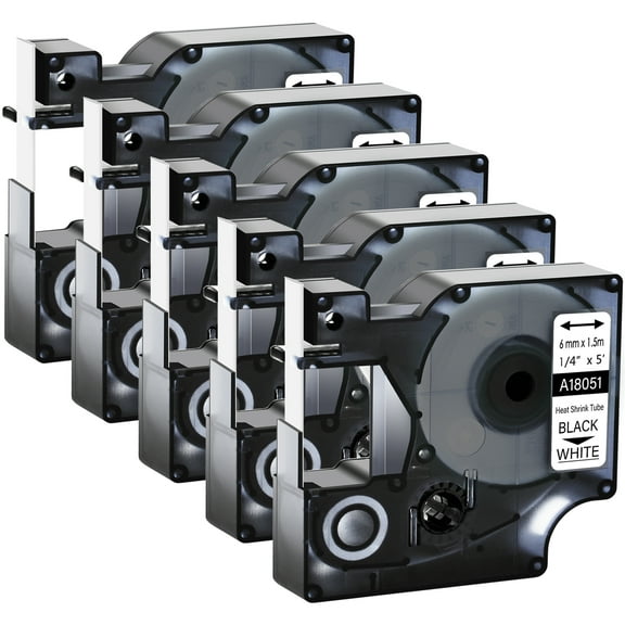 GREENCYCLE 5PK Industrial Rhino Heat Shrink Tubes Compatible for DYMO 18051 6mm 1/4" Black on White Cable Label Tape