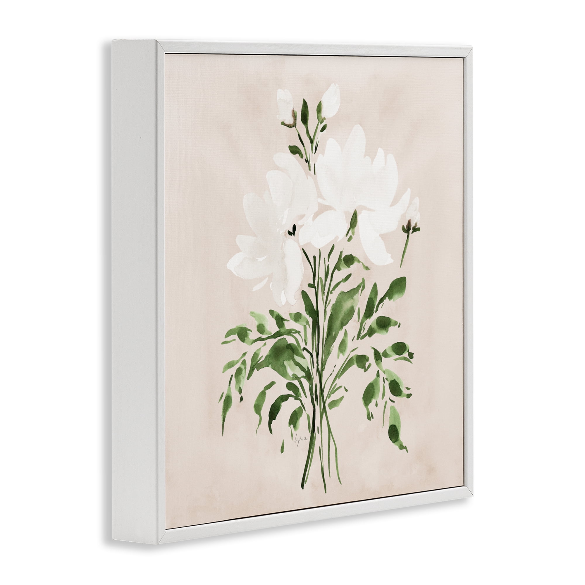 Stupell Industries White On Tan Floral White Framed Giclee Art, design by Lucille Price