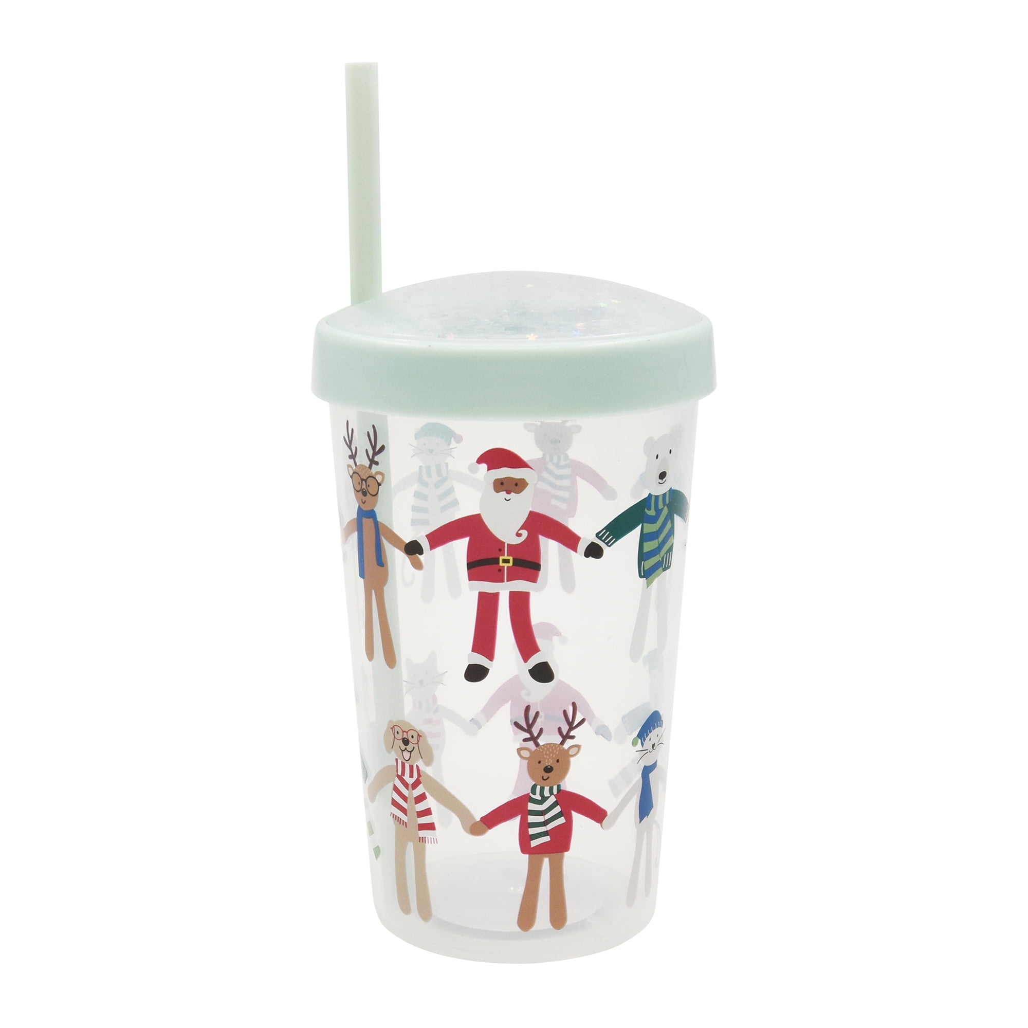 Holiday Time Christmas Santa with Friends Plastic Tumbler with Straw, Blue Glitter Lid, Partyware, <ul><li>Holiday Time Christmas Santa with Friends Plastic Tumbler with Straw, Blue Glitter Lid</li><li>Featuring a cheerful blue design with Santa Claus is holding hands by his friends</li><li>Lightweight and reusable</li></ul>