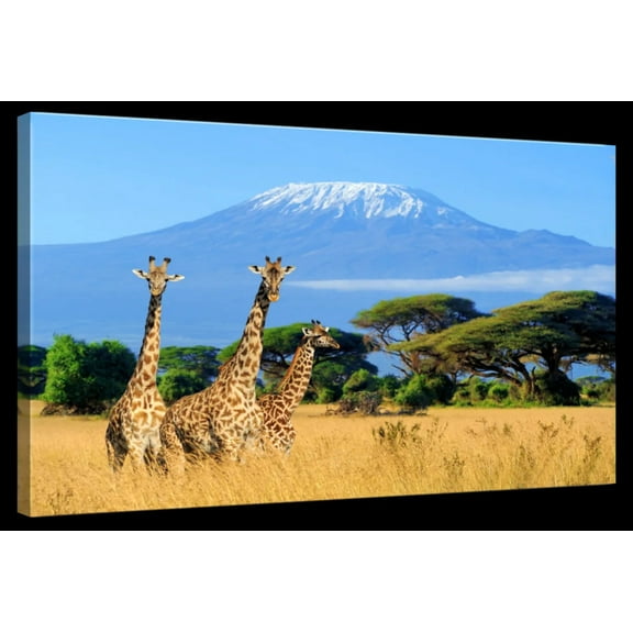 Elephant Stock Mount Kilimanjaro Giraffes Wall Art - Horizontal Canvas Wall Art - Living Room Wall Decor - Photography Animal Canvas - Blue And Green Decor - 12" x 8"