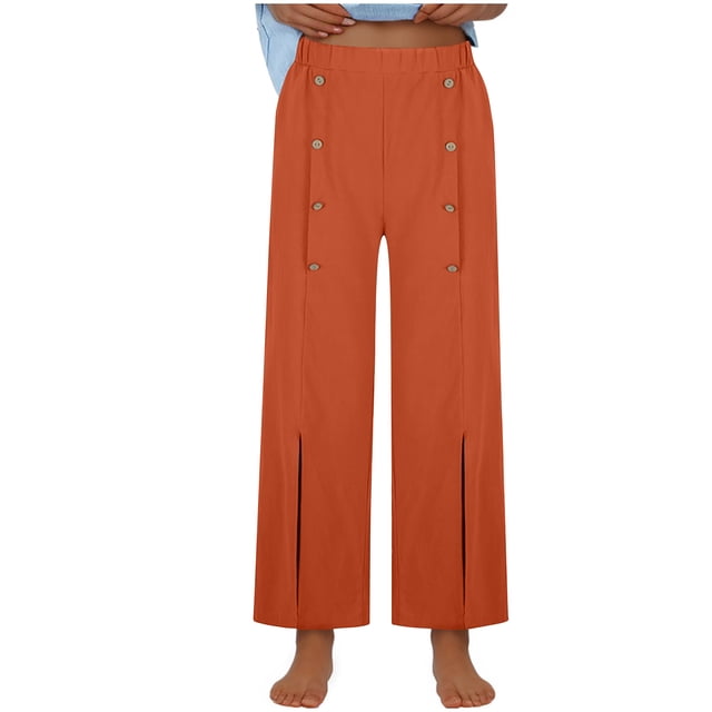 Timegard Pants for Women Elastic High Waisted Button Straight Leg Solid Color Casual Loose Comfy Pants