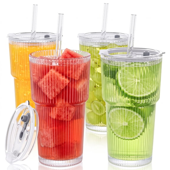 GPED 25 oz Ribbed Glass Tumblers, 4 Pack Glass Cups with Lids and Straws, Leak Resistant Iced Coffee Cups, Thick Reusable Drinking Glasses for To-Go or Home, Fits Car Cup Holder