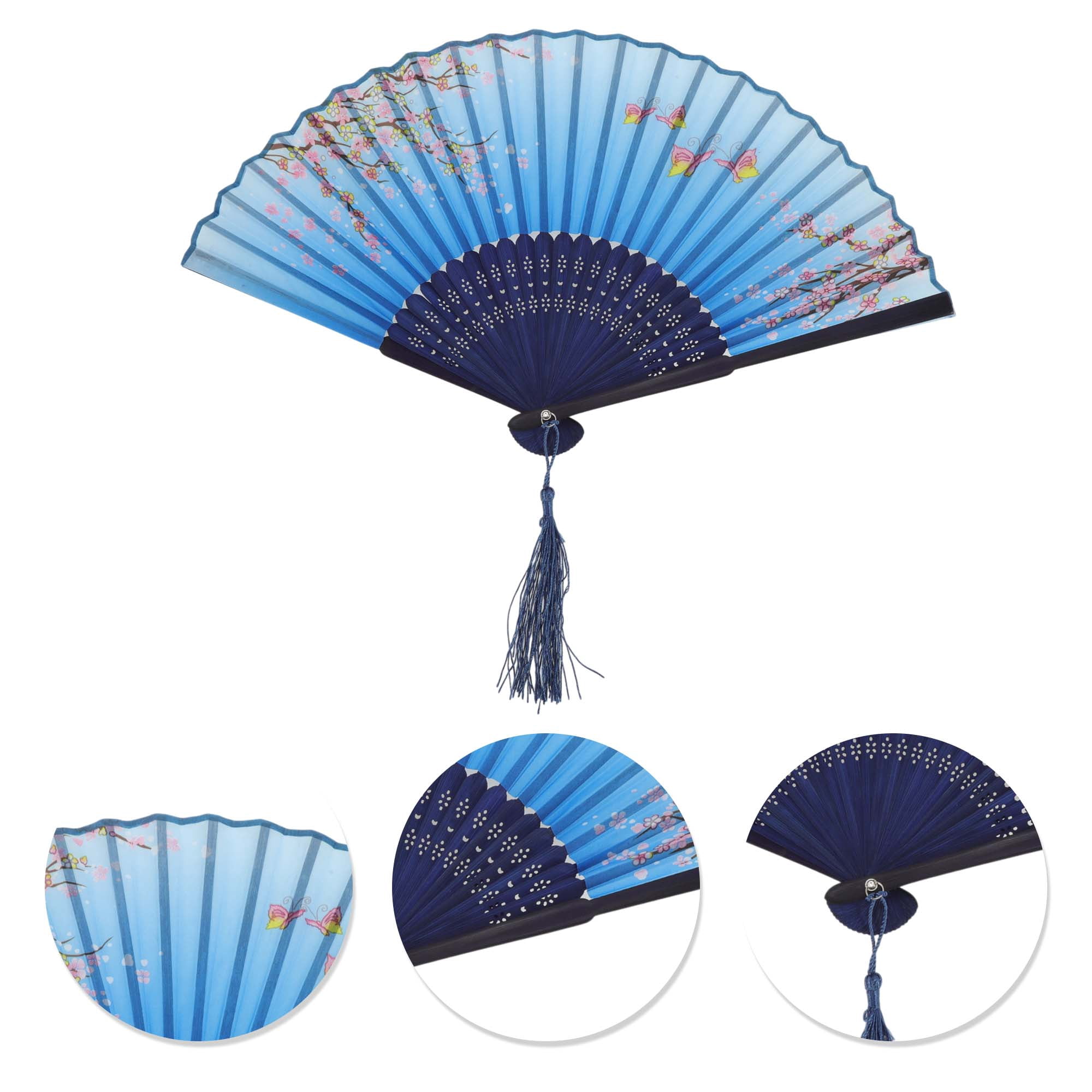 Unique Bargains Ancient Style Folding Fan 1Pc Blue [Butterfly Cherry Blossom Theme]