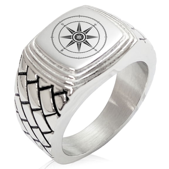 Stainless Steel Nautical Wind Compass Geometric Pattern Step-Down Biker Style Polished Ring