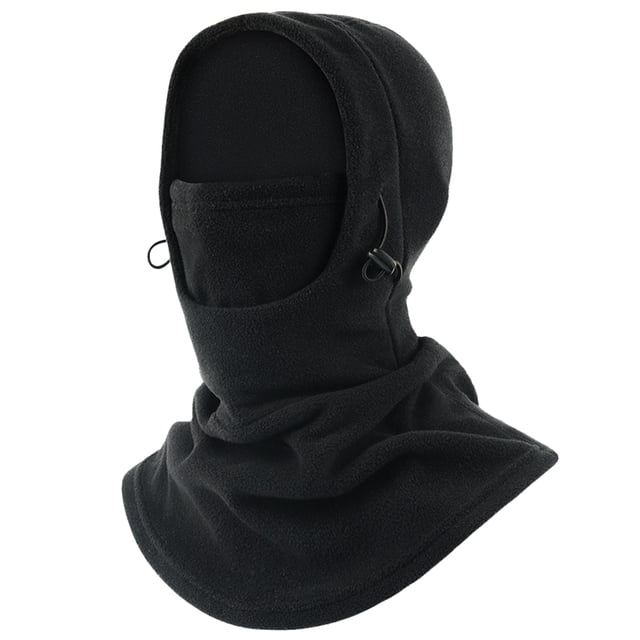 pasamontañas máscara facial a prueba de frío cubierta térmica de invierno a prueba de viento para hombres y mujeres negro; vista 3/4 frontal de capucha integral en polar con faldón de cuello, mascarilla integrada que cubre nariz y boca y cordones laterales con hebilla ajustable; pensado para ciclismo, esquí y senderismo, talla única adaptable (45–56 cm). Adecuado también como protección térmica en viajes al aire libre.