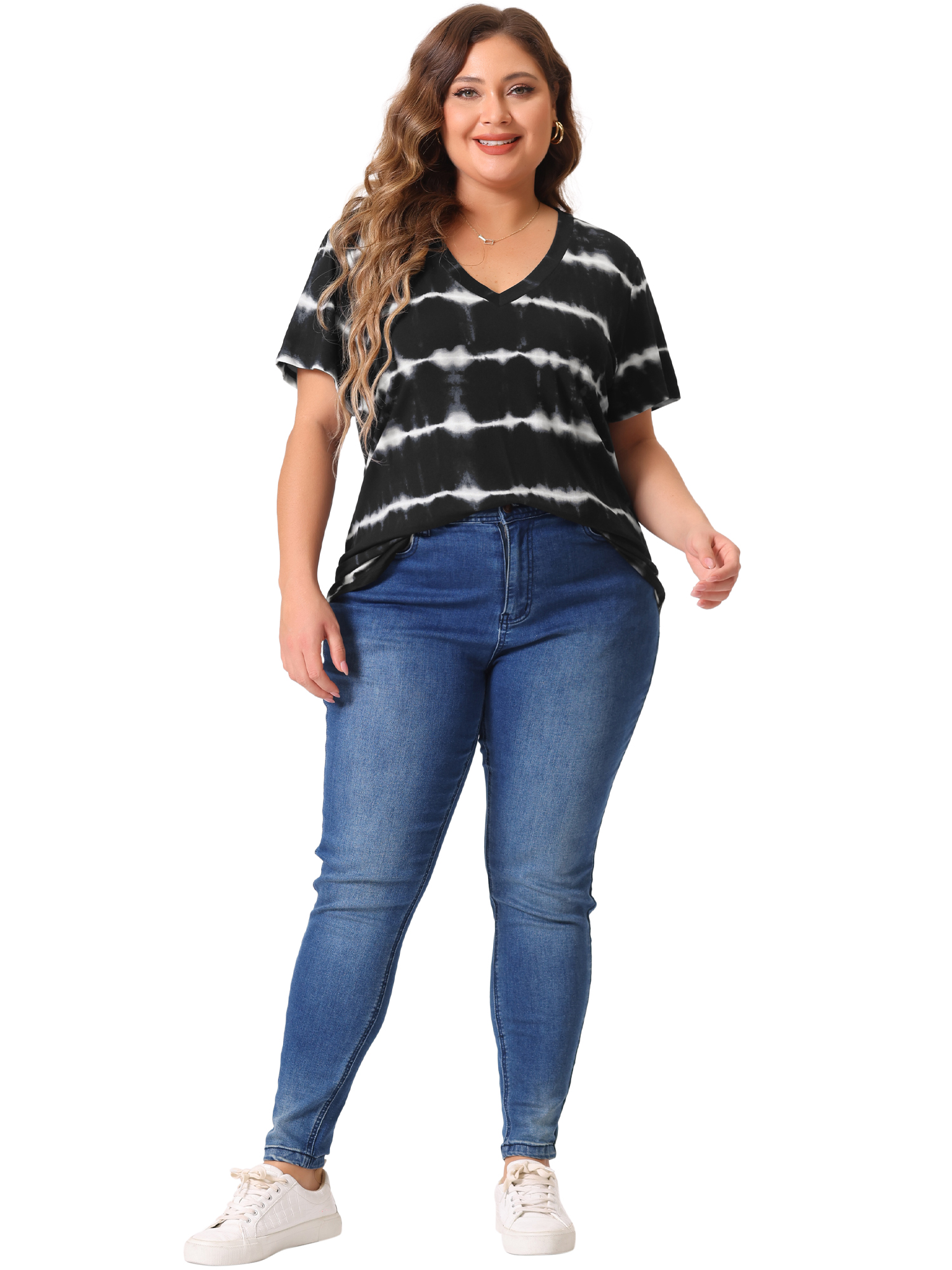 DARING DIVA Women's Plus Size V Neck Short Sleeve Tie Dye Tunic Top 3X Black