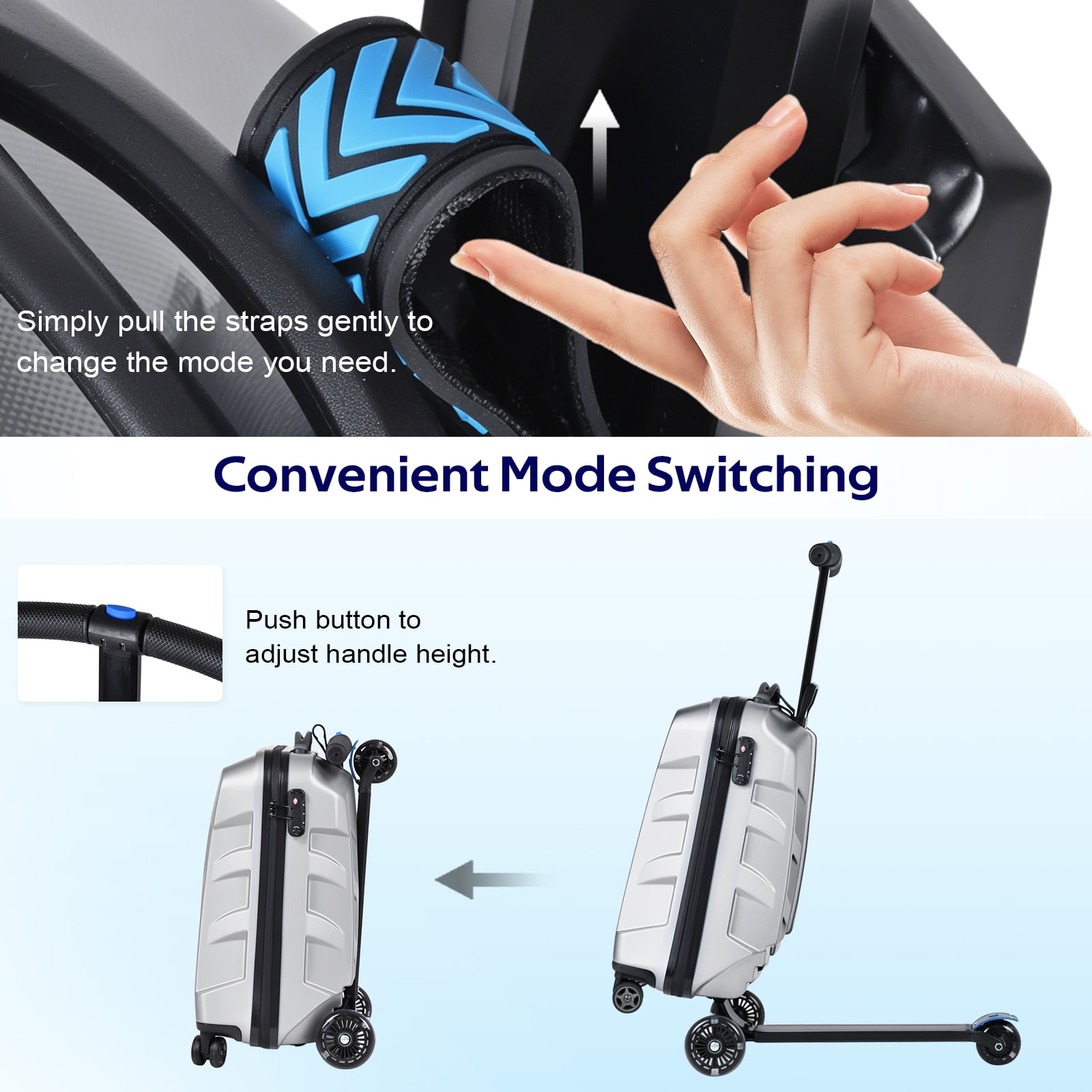 Advwin Scooter Suitcase for Kids & Adults, 3-D Hardshell Ride On Scooter Luggage with LED Light Up Wheels, TSA Lock, Lightweight Foldable Carry On Rideable Suitcase for Children Teenagers, Silver