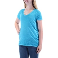 INC Womens Blue Short Sleeve V Neck Hi-Lo Top  Size XS