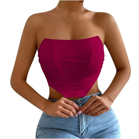 

Ladies Tops Elegant T-Shirts For Women Summer Wrap Tan T-Shirts Tube Top k Fashion Red Backless T-Shirts Women Solid Top Short Breast Women Solid Bra Hollow Wine L