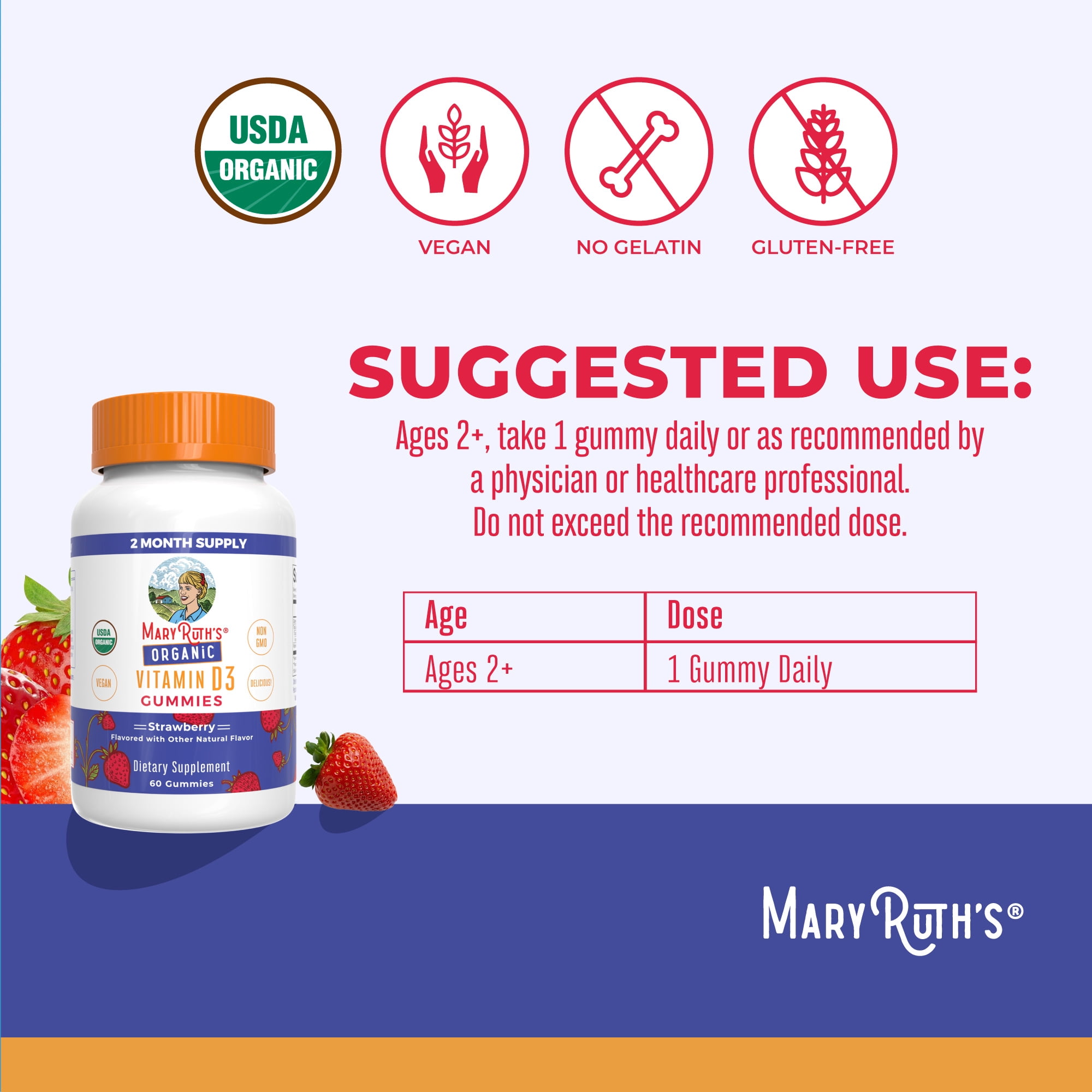(2 pack) MaryRuth's Vitamin D3 Gummies USDA Organic Strawberry Vegan Ages 2+ 60 Count