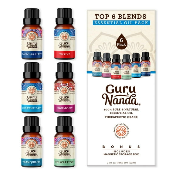 GuruNanda Essential Oil Blends (Set of 6) - 100% Natural Essential Oil Set Aromatherapy Oil Blends for Diffusers - Breathe Easy Tranquility Harmony Sleep Relaxation Immunity