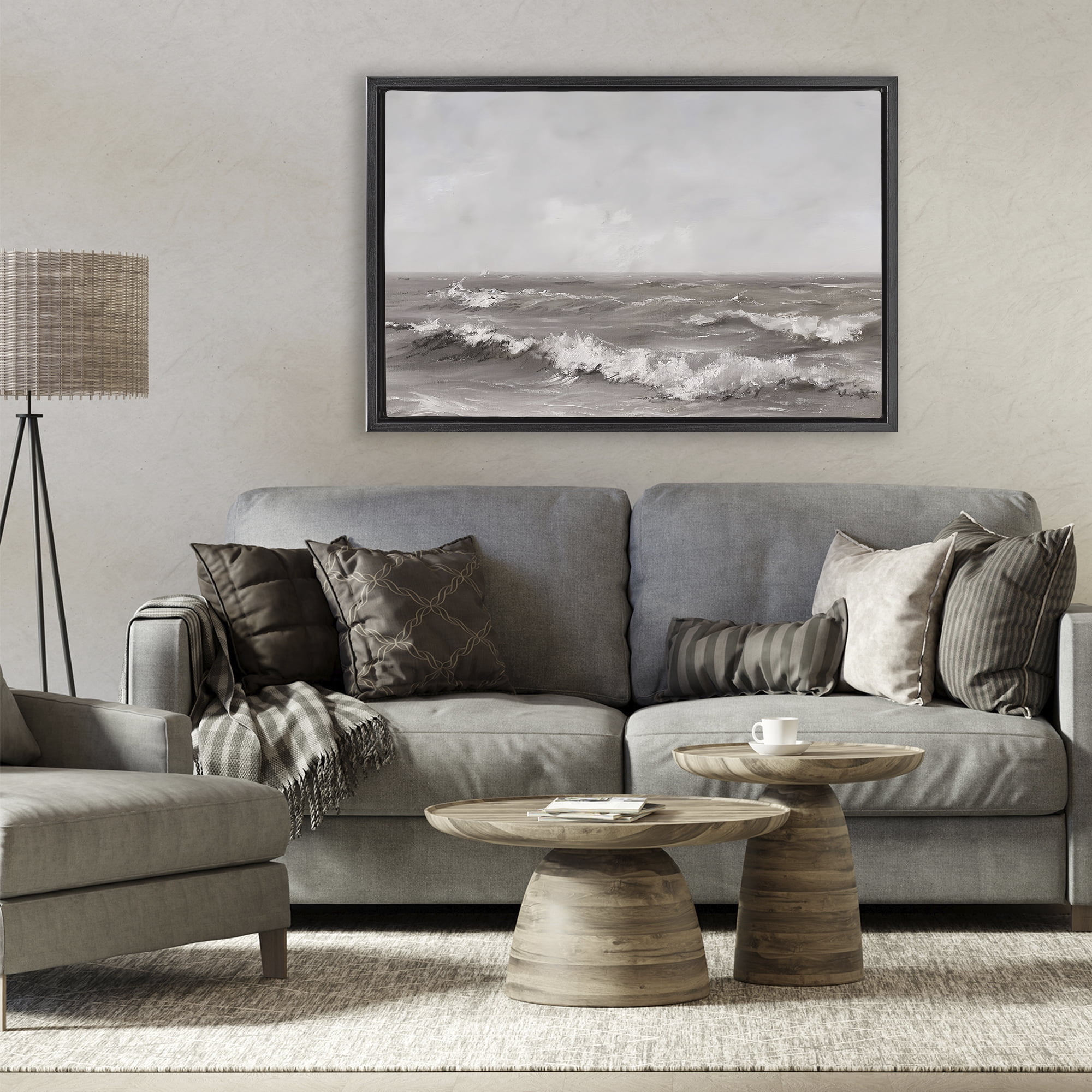 Stupell Industries Monochrome Sea Ripples Black Framed Floater Canvas Wall Art, design by Jacky Ngan