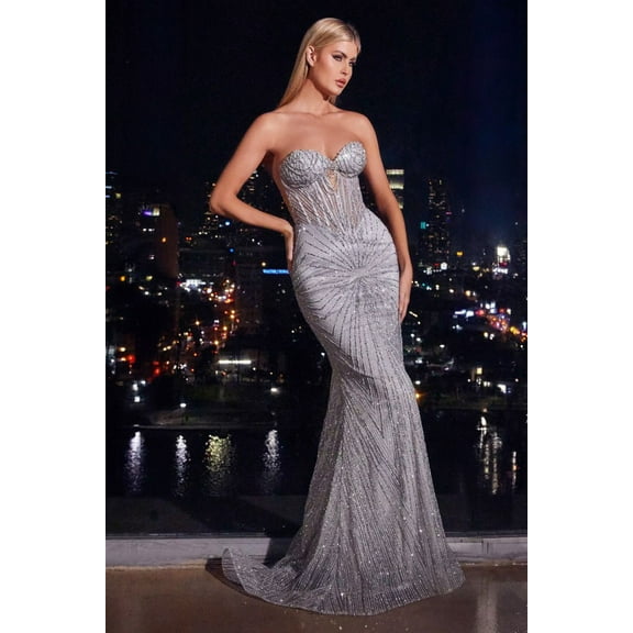 STRAPLESS SILVER EMBELLISHED GOWN