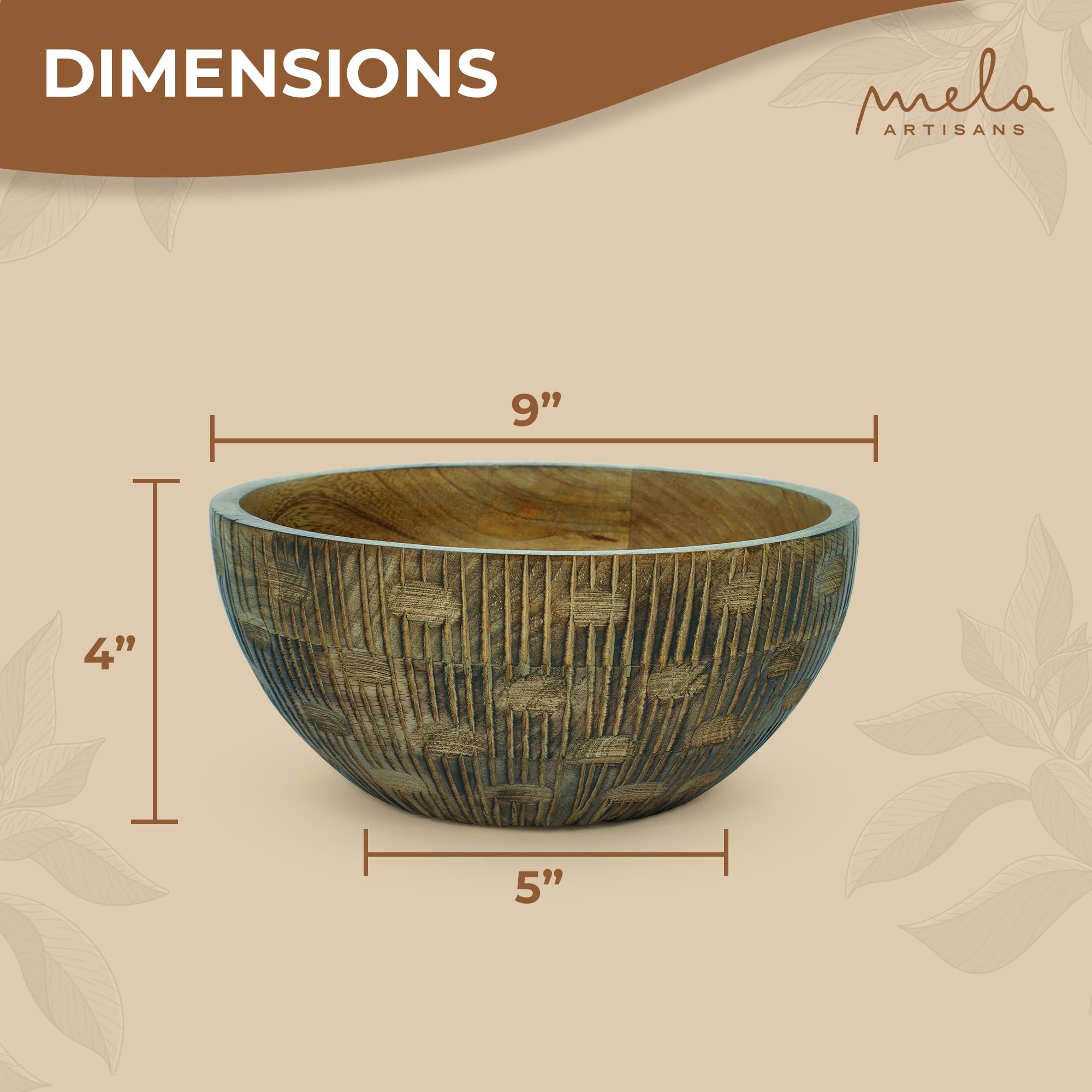 Mela Artisans Hand-Carved Wooden Serving Bowl, Medium Burnt Finish, 9 x 4 x 4 Inch Decorative Salad Bowl for Fruits, Snacks, Dry Foods & Tabletop Décor