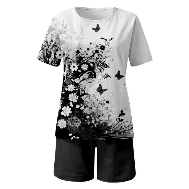 AYA Ensemble Deux Pièces pour Femmes, Décontracté et Simple, Mode, Col Rond, Manches Courtes, Haut et Short Imprimés