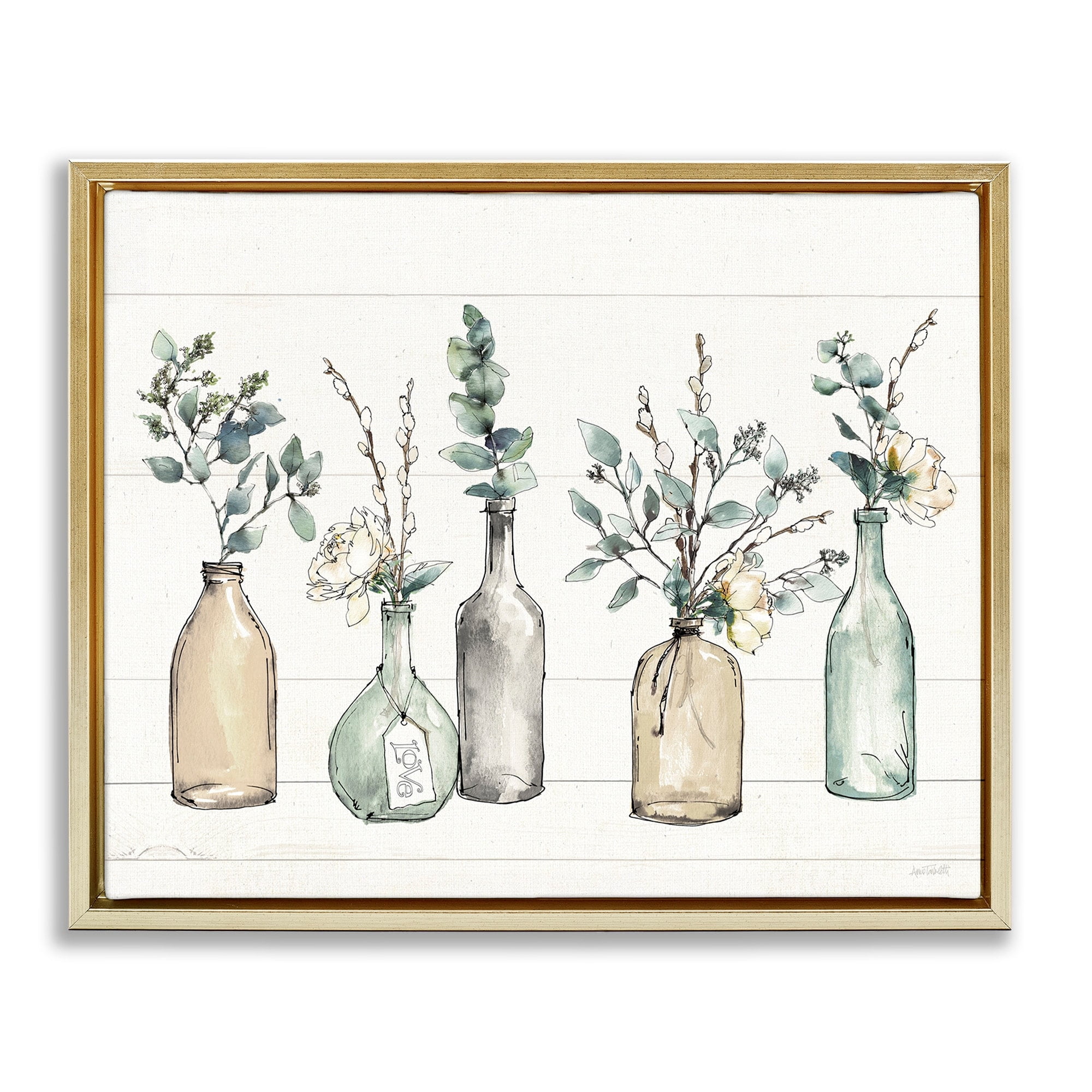 Stupell Industries Bottles And Plants Farm Wood Textured Design Metallic Gold Framed Floating Canvas Wall Art, 24x30, by Anne Tavoletti