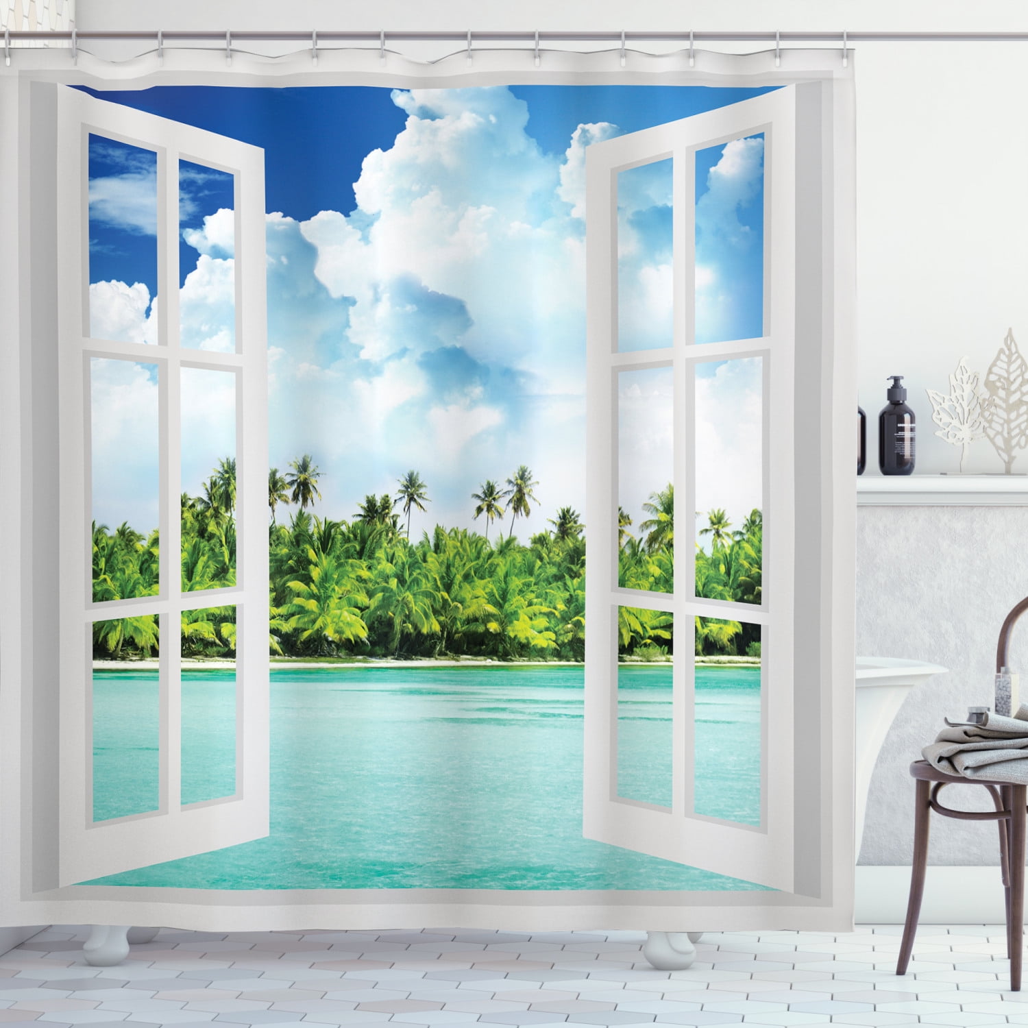 Tropical Oasis Shower Curtain Open Window Door to Dock Vacation Ocean Beach Hut 