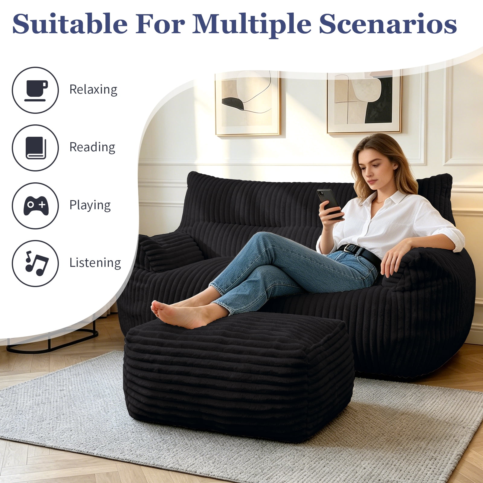 MOONMISS Corduroy Double Bean Bag Sofa with Ottoman 2-Seater Cloud Soft for Living Room Bedroom,Black