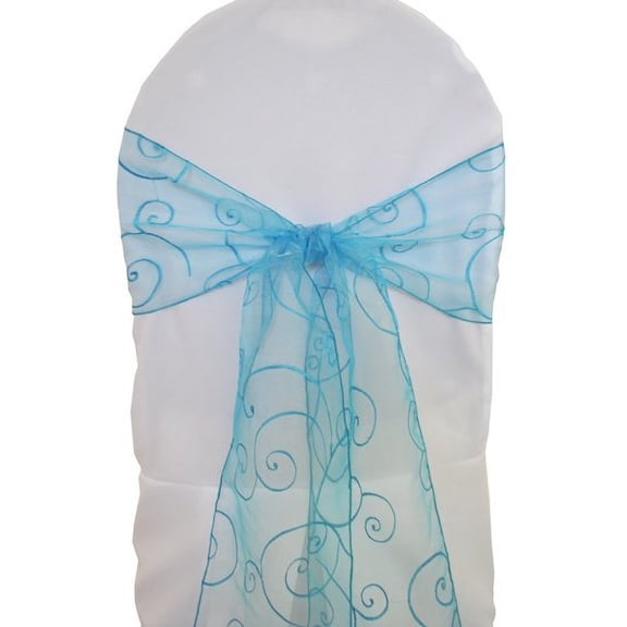 Wedding Linens Inc. (10pcs) 8'' x 108'' Embroidered Organza Sheer Chair Sashes Chair Bow Ties - Turquoise