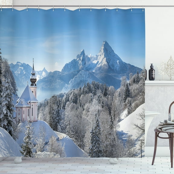 Ambesonne Winter Shower Curtain, Bavaran Alps Germany, 69"Wx70"L, Blue White