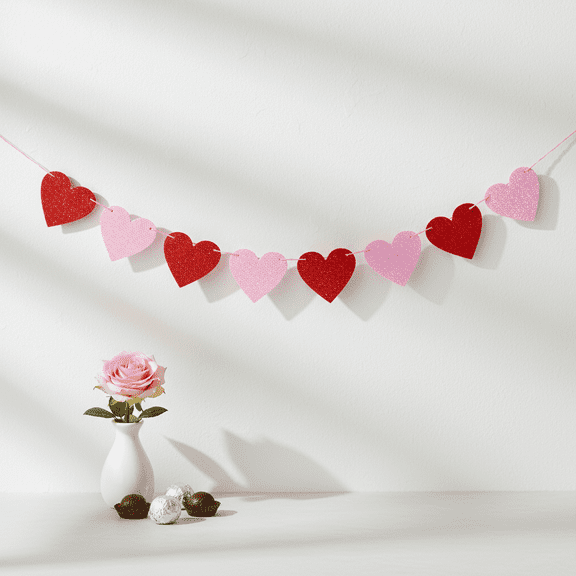 Valentines Day Banner Hanging Hearts Garland Romantic Anniversary Wedding Engagement Party Fireplace Mantle Decor Indoor Wall Ornament Red