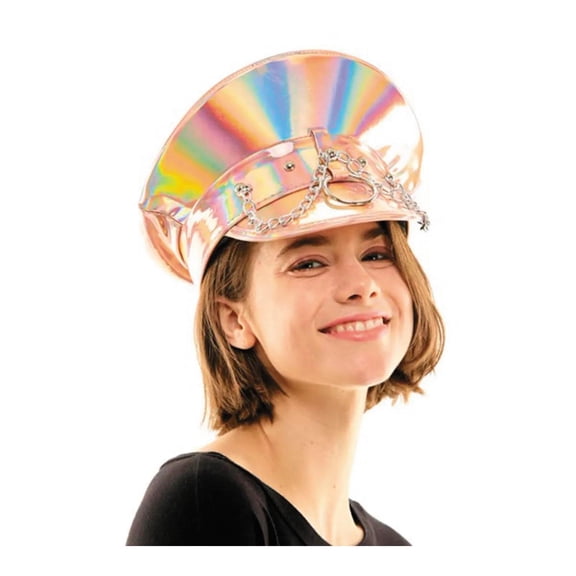 Morris Costumes Adult General Sizing Pink Iridescent Captain Hat with Silver Chains Costume Headwear - Pink