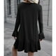 thumbnail image 5 of Vestido con cuello en V para mujer Vestido de color puro con volantes Vestido elegante con botones en la parte delantera Vestido de manga larga Negro M, 5 of 7