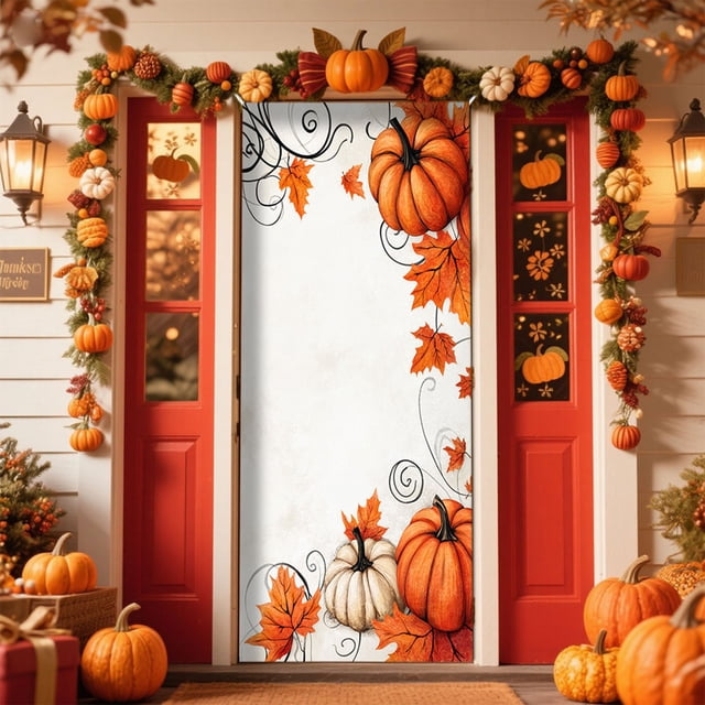 Cubierta de puerta de Acción de Gracias de 35 x 79 pulgadas - Decoración de puerta y pared para Acción de Gracias - Decoración para fiestas de festivales