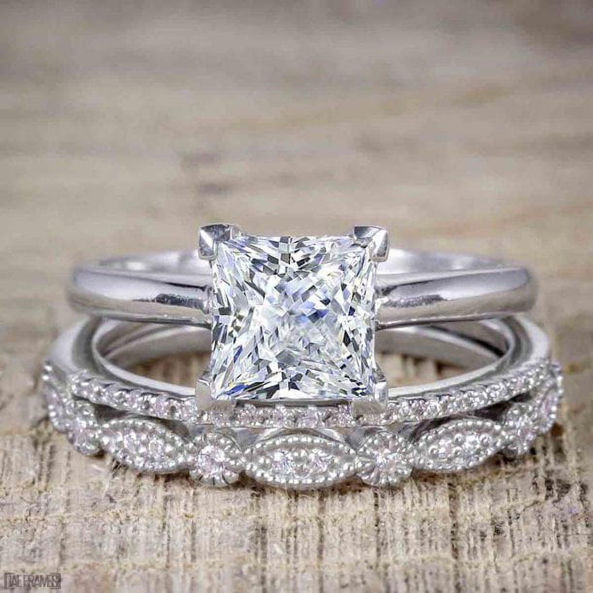 Three Ring Diamond Engagement Ring Wedding Set 14K White Gold