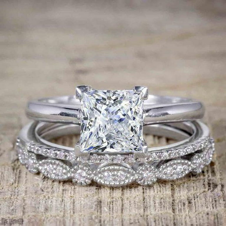 2 Carat Princess Wedding Ring Set - Bridal Set - Wedding Trio Set -  Engagement Ring - Art Deco Ring - Promise Ring - Sterling Silver