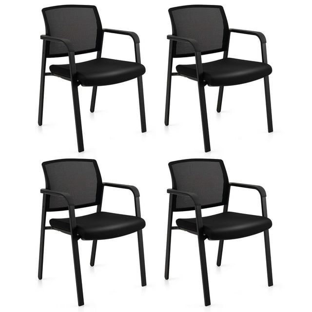 Costway Conference Chairs Set of 4 Stackable Office Guest Mesh Chairs for Waiting Room. The chairs feature a black metal frame, ergonomic curved mesh backrests, padded seats, and integrated armrests. Designed for comfort and durability, each chair supports up to 330 lbs and includes anti-skid foot pads to protect floors. The stackable design allows for easy storage, making them ideal for offices, conference rooms, and reception areas. Dimensions: 23 inches long, 22 inches wide, and 32 inches high.